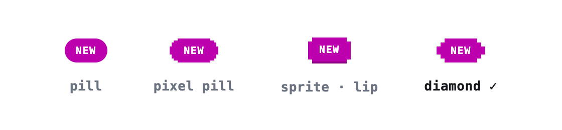 Four NEW badge silhouettes: pill, pixel pill, sprite with a lip, and the diamond