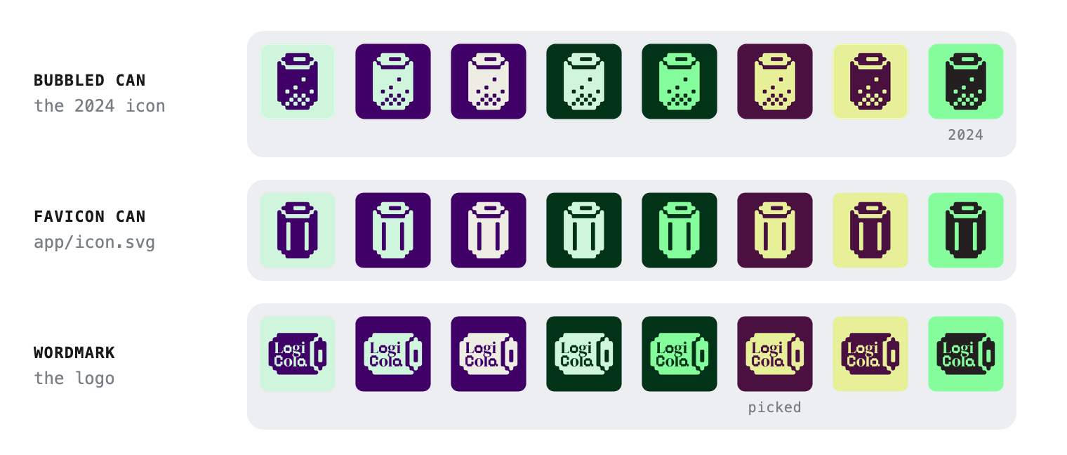 The three marks across the eight colour pairs at dock size: the 2024 bubbled can, the favicon can and the wordmark, with the picked cell marked
